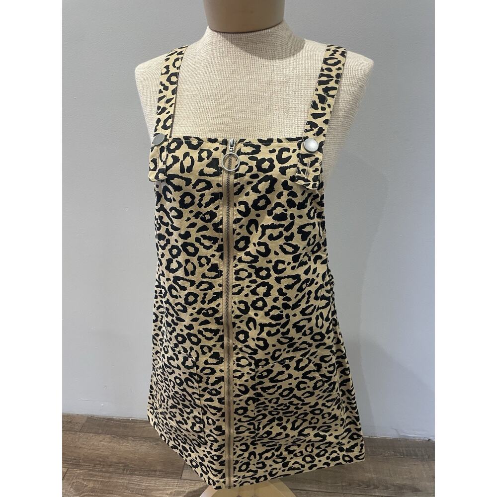 Tan and Black Cheetah Leopard Print Bodycon Overall Mini Dress M Adjustable NWT